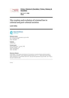 The Creation and Evolution of Criminal Law in Colonial and Post-Colonial Societies