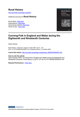 Cunning-Folk in England and Wales During the Eighteenth and Nineteenth Centuries