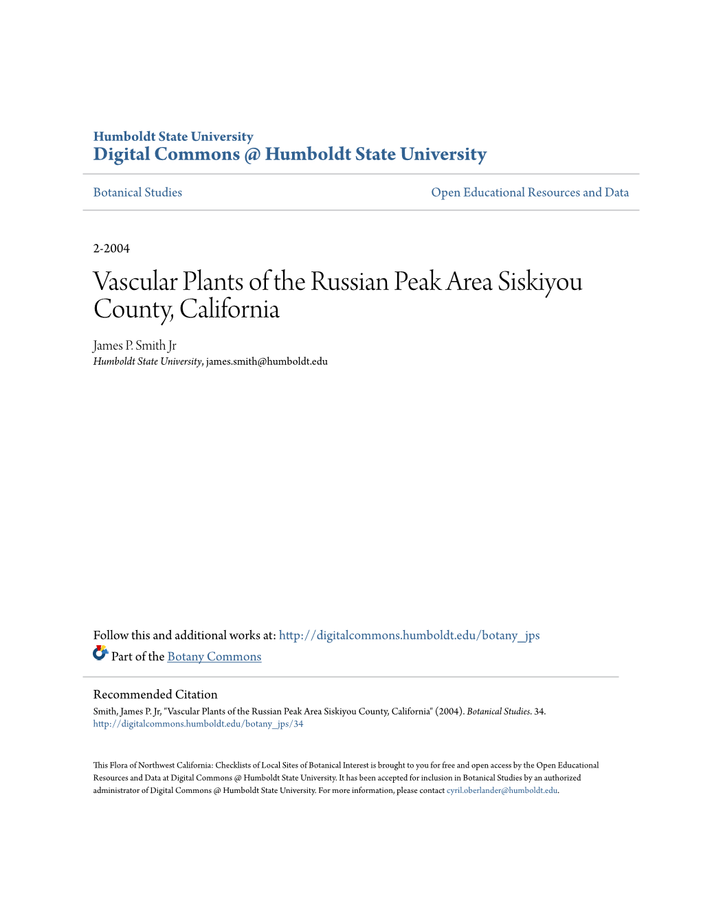 Vascular Plants of the Russian Peak Area Siskiyou County, California James P