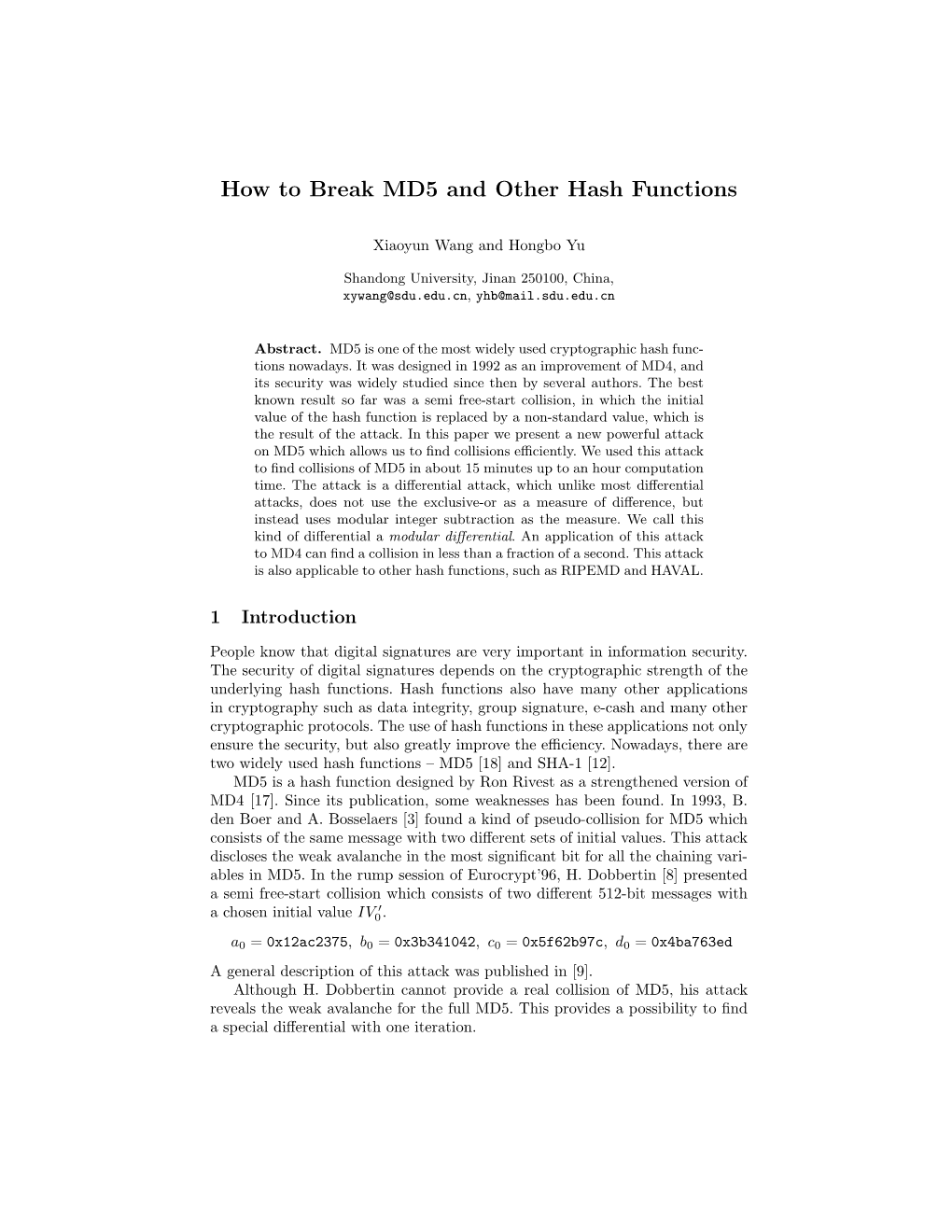 How to Break MD5 and Other Hash Functions