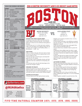 BU SCHEDULE and RESULTS 2018-19 BOSTON UNIVERSITY MEN’S ICE HOCKEY GAME NOTES OCTOBER (0-4-0, 0-2-0 HEA) Sat