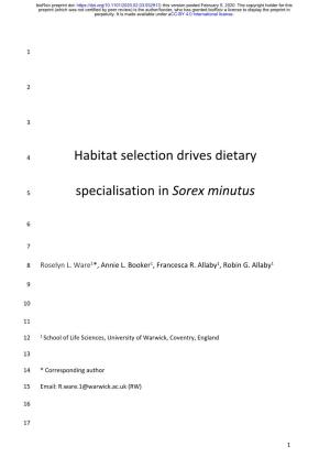 Habitat Selection Drives Dietary Specialisation in Sorex Minutus