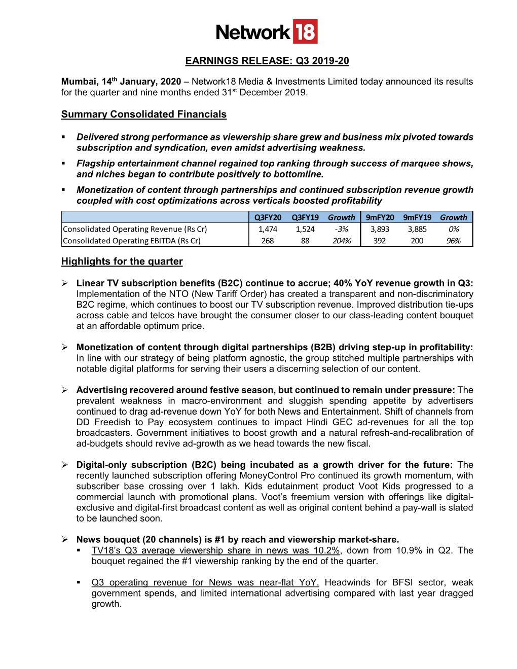 Q3 2019-20 Summary Consolidated Financials Highlights