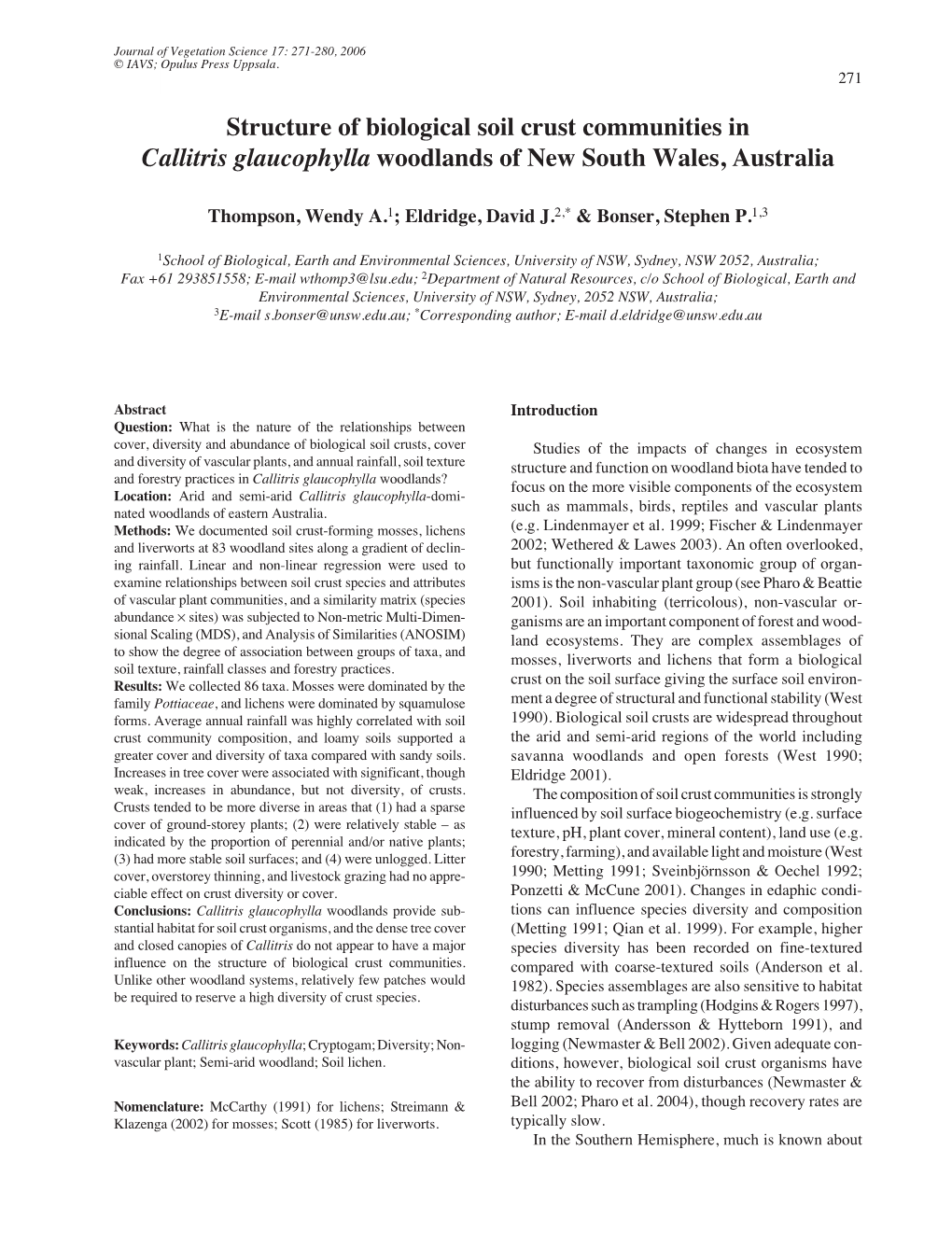 Structure of Biological Soil Crust Communities in Callitris Glaucophylla Woodlands - 271