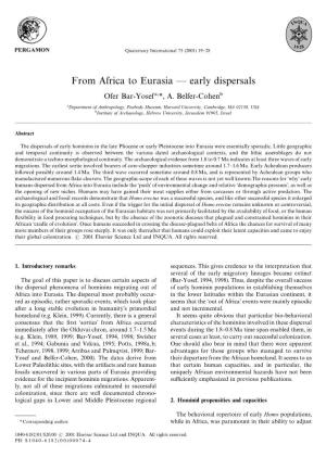 From Africa to Eurasia * Early Dispersals Ofer Bar-Yosef! *, A