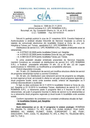 Decizia Nr. 1068 Din 21.11.2019 Privind Somarea S.C. UPC ROMÂNIA S.R.L