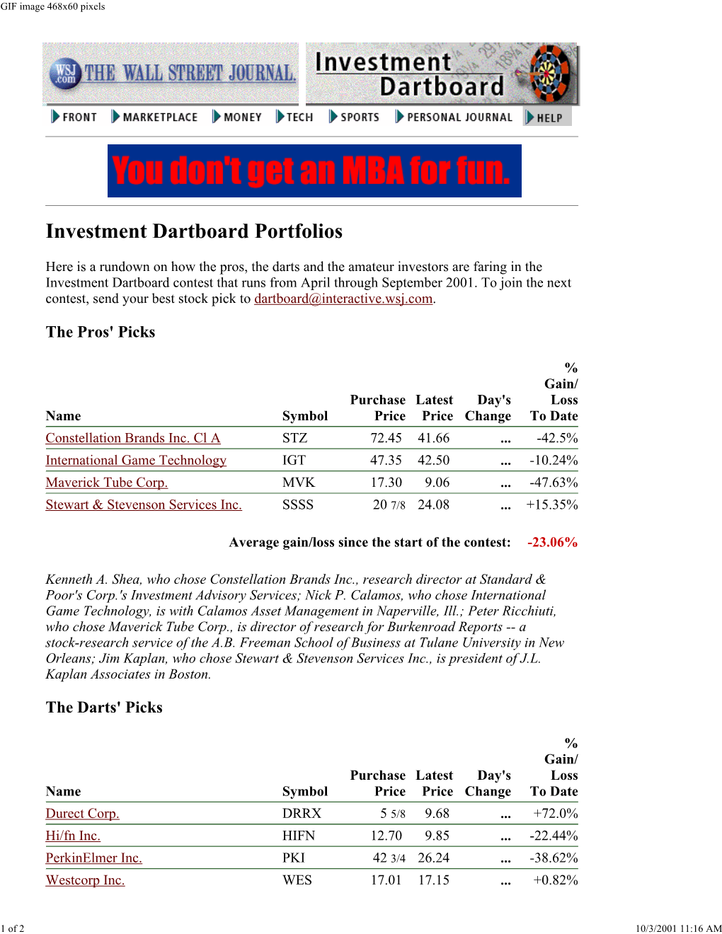 Investment Dartboard Portfolios