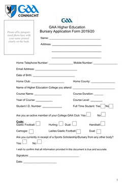 Connacht GAA Higher Education Bursary Application Form 2019-2020