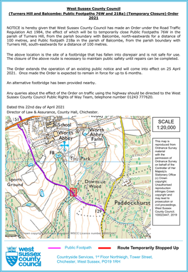 Turners Hill and Balcombe: Public Footpaths 76W and 21Ba) (Temporary Closure) Order 2021