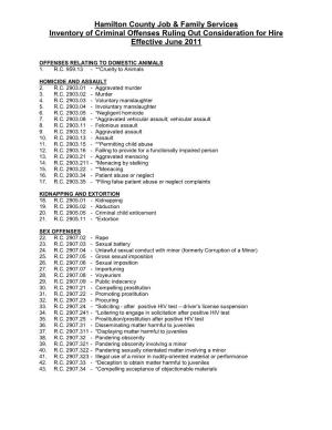 Inventory of Criminal Offenses Ruling out Consideration for Hire Effective June 2011
