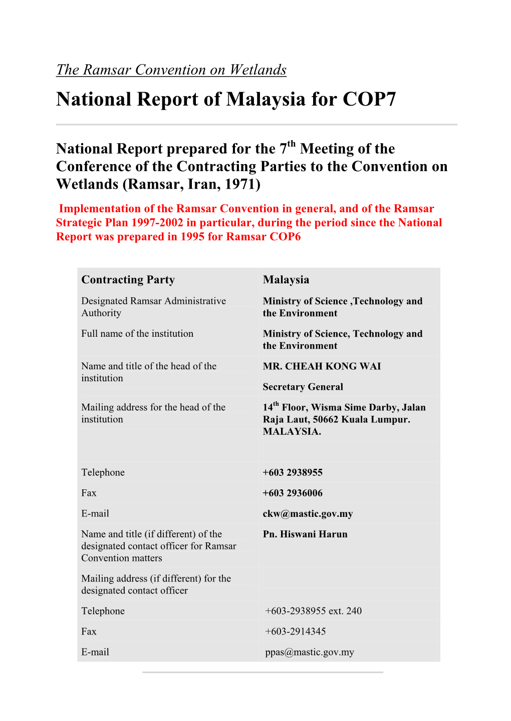 National Report of Malaysia for COP7