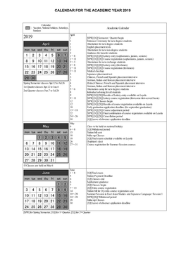 Calendar for the Academic Year 2019