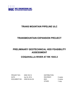 Trans Mountain Pipeline Ulc Transmountain Expansion Project Preliminary Geotechnical Hdd Feasibility Assessment Coquihalla River