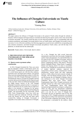 The Influence of Chengdu Universiade on Tianfu Culture 1 Enming Zhou