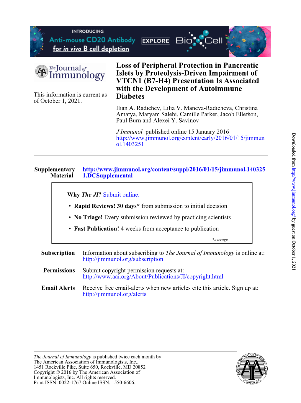 Diabetes with the Development of Autoimmune VTCN1 (B7-H4