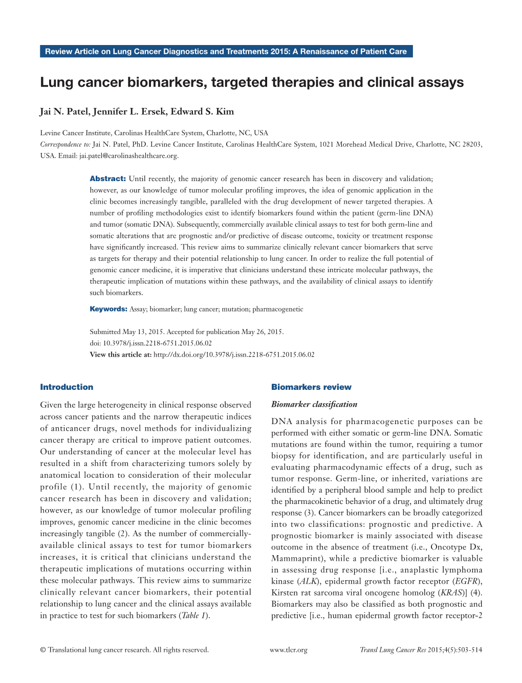 Lung Cancer Biomarkers, Targeted Therapies and Clinical Assays