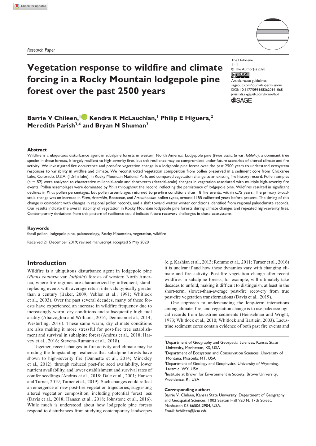 Vegetation Response to Wildfire and Climate Forcing in a Rocky Mountain Lodgepole Pine Forest Over the Past 2500 Years