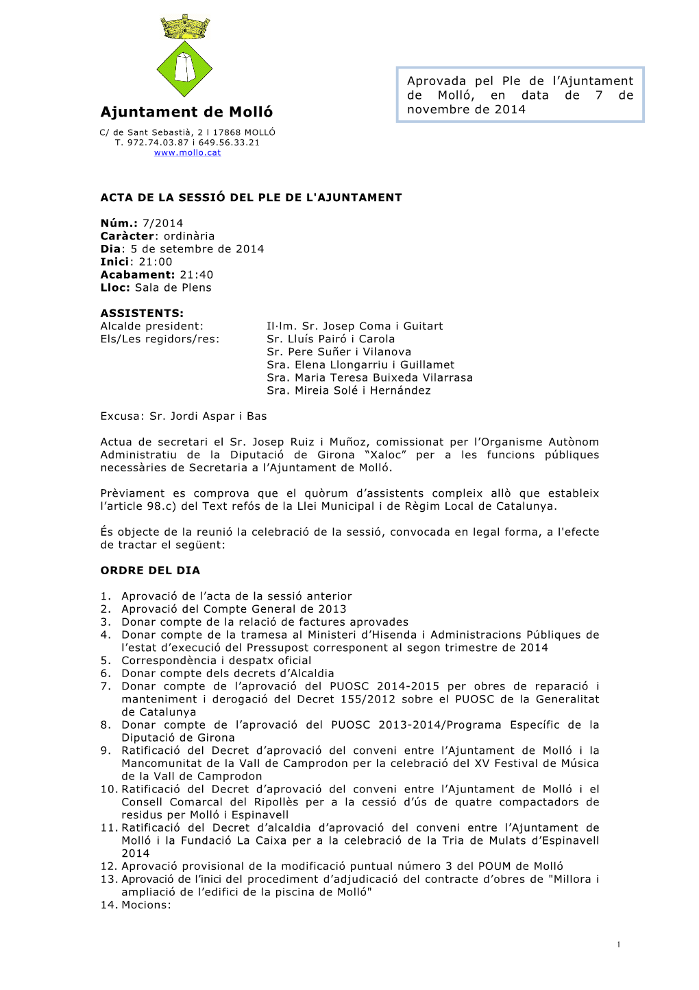 Ajuntament De Molló, En Data De 7 De Ajuntament De Molló Novembre De 2014