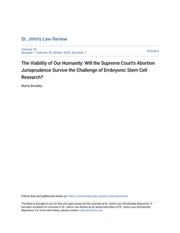 Will the Supreme Court's Abortion Jurisprudence Survive the Challenge of Embryonic Stem Cell Research?