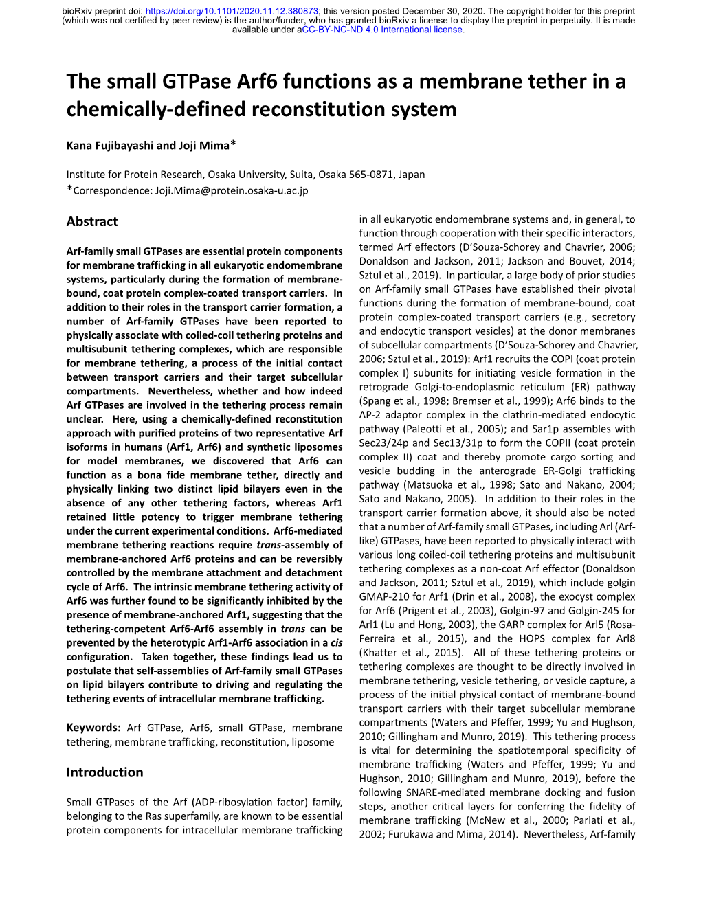 The Small Gtpase Arf6 Functions As a Membrane Tether in a Chemically-Defined Reconstitution System