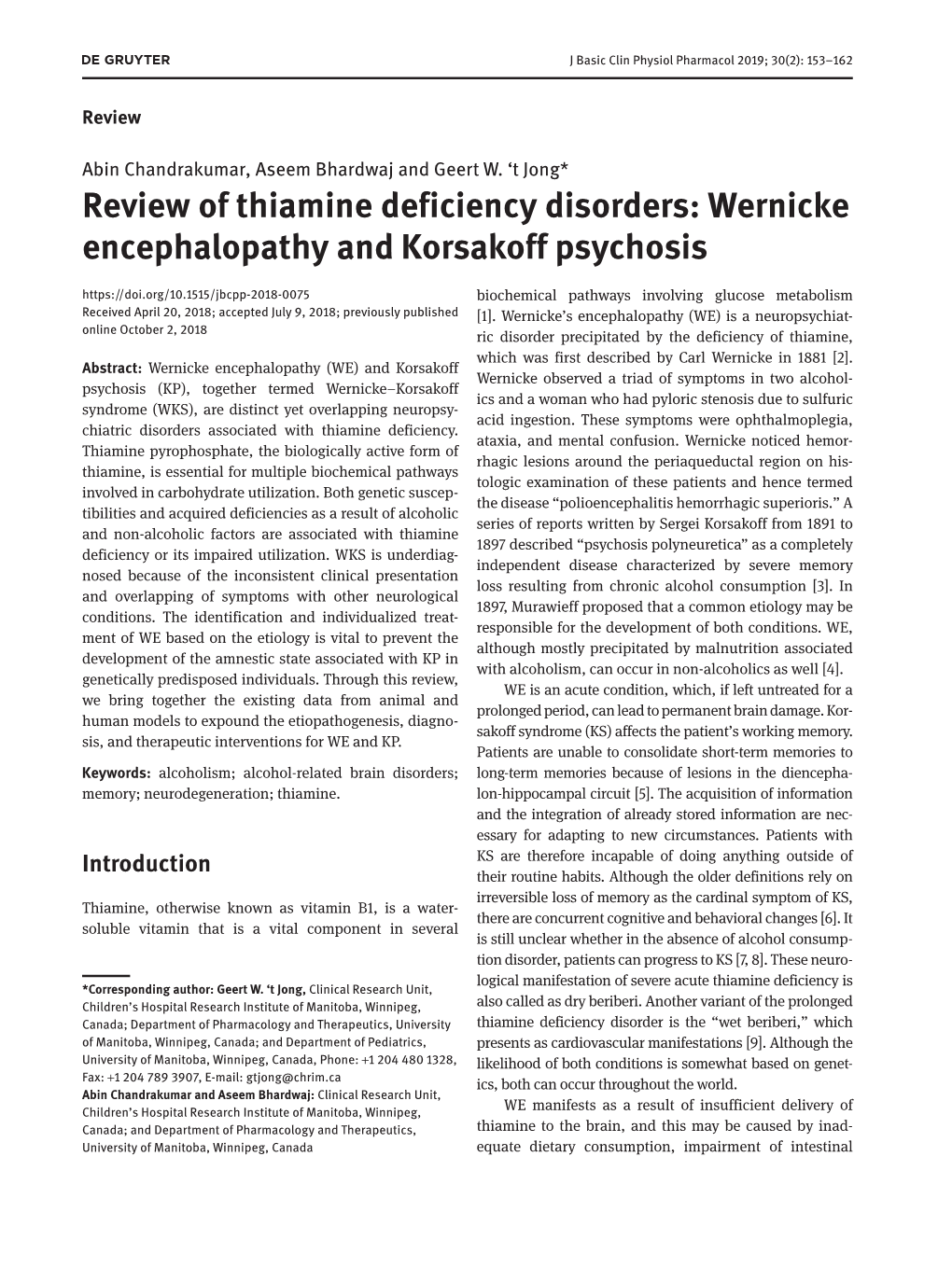 Review of Thiamine Deficiency Disorders: Wernicke