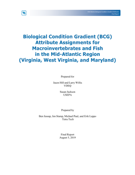 Biological Condition Gradient (BCG) Attribute Assignments for Macroinvertebrates and Fish in the Mid-Atlantic Region (Virginia, West Virginia, and Maryland)