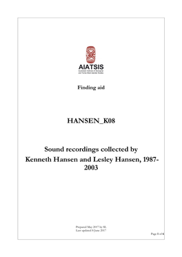 Guide to Sound Recordings Collected by Kenneth and Lesley Hansen