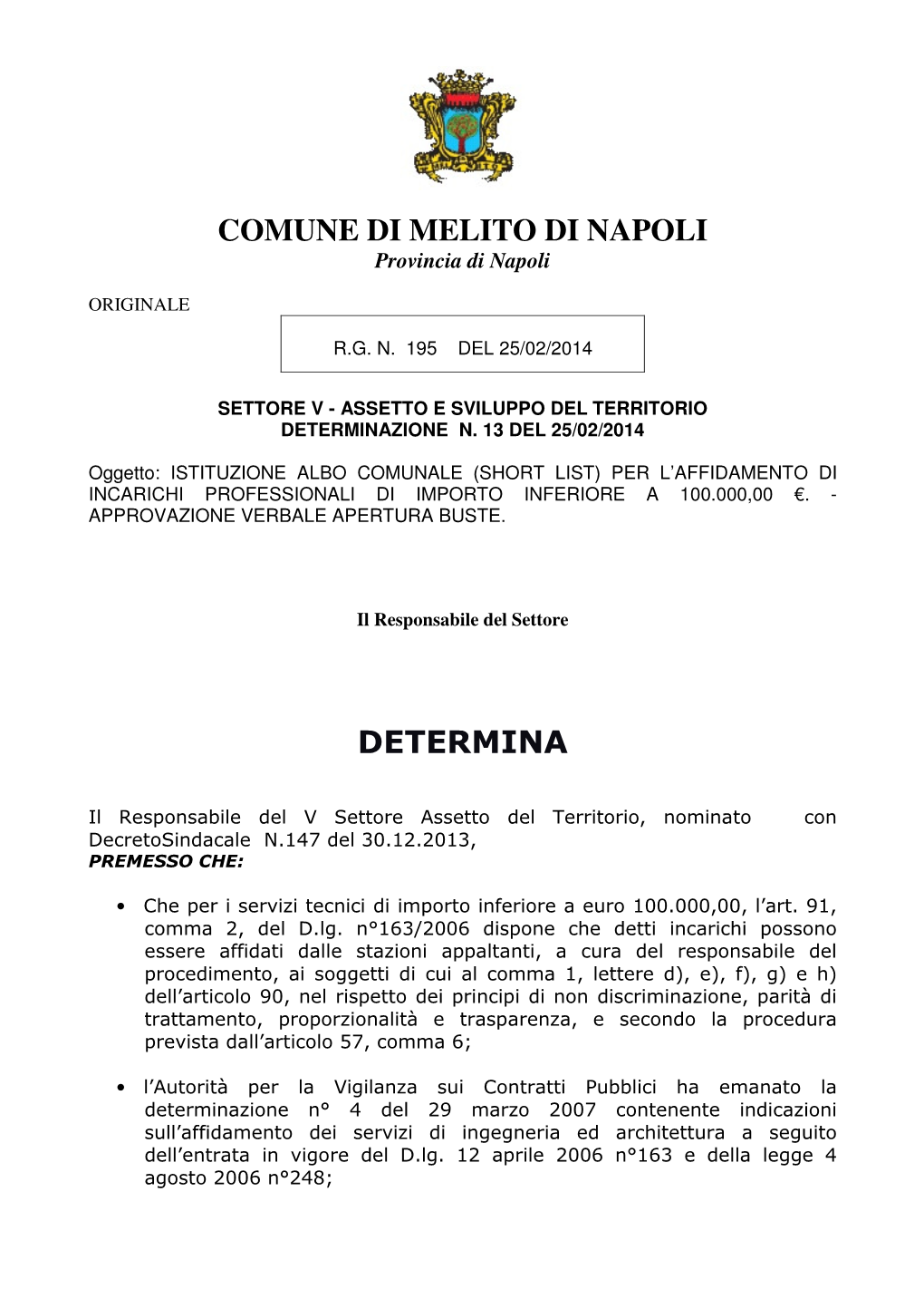 Comune Di Melito Di Napoli Determina