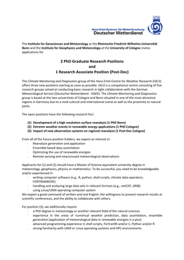 2 Phd Graduate Research Positions and 1 Research Associate Position (Post-Doc)