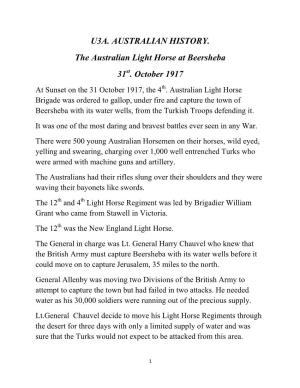 U3A. AUSTRALIAN HISTORY. the Australian Light Horse at Beersheba 31 . October 1917