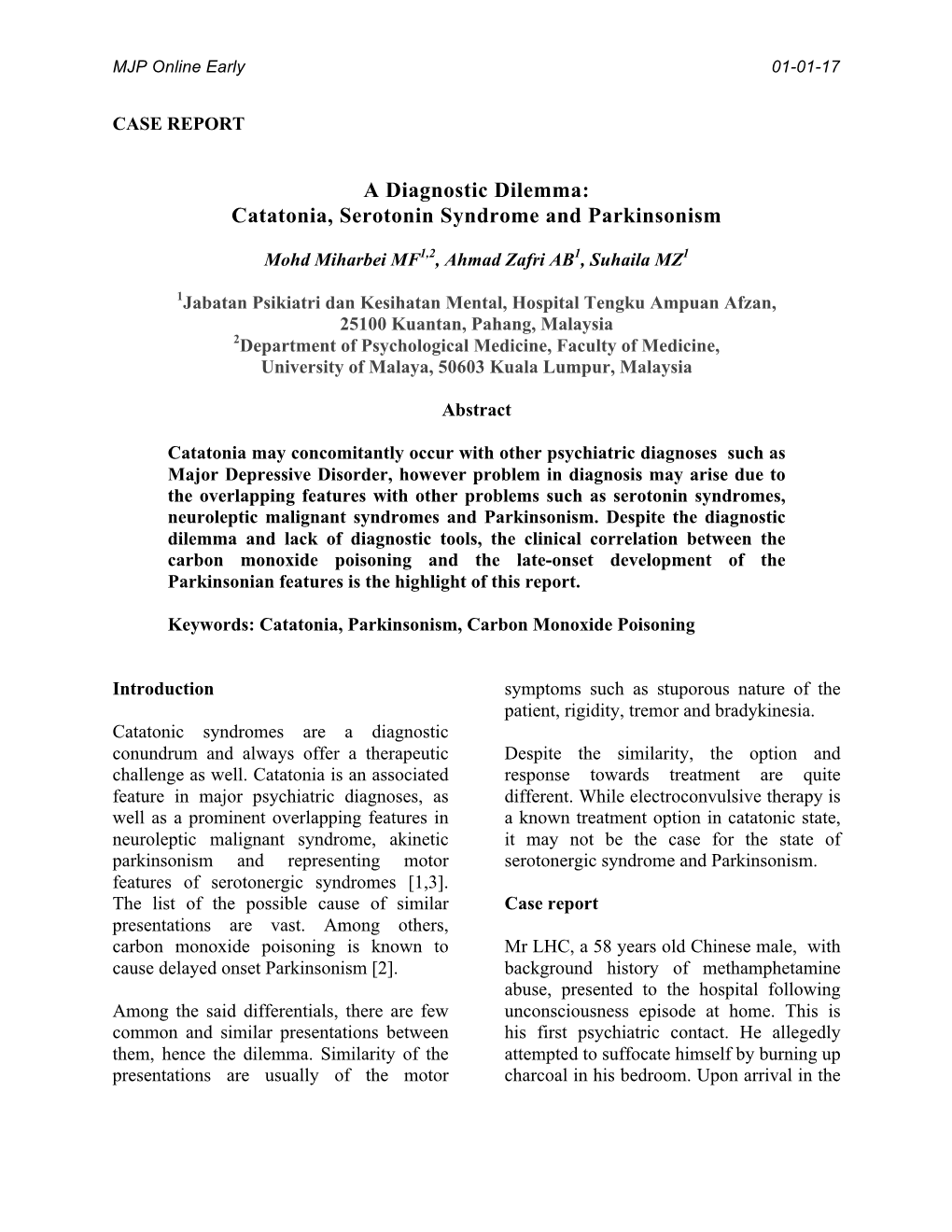 Catatonia, Serotonin Syndrome and Parkinsonism