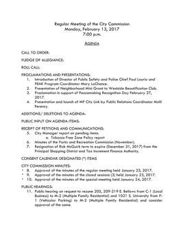 Regular Meeting of the City Commission Monday, February 13, 2017 7:00 P.M