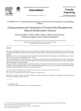 Characterization and Valorization of Tozeur-Nefta Phosphate Ore Deposit (Southwestern Tunisia)