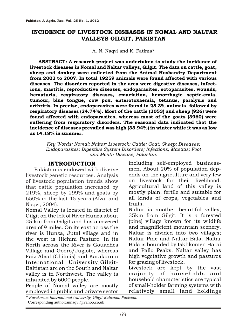 Incidence of Livestock Diseases in Nomal and Naltar Valleys Gilgit, Pakistan