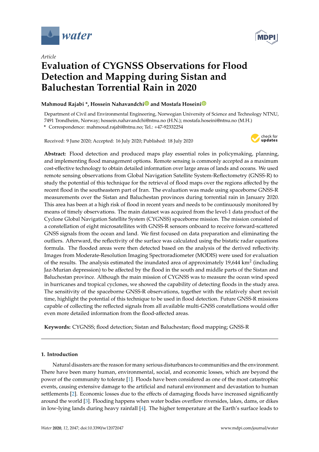 Evaluation of CYGNSS Observations for Flood Detection and Mapping During Sistan and Baluchestan Torrential Rain in 2020