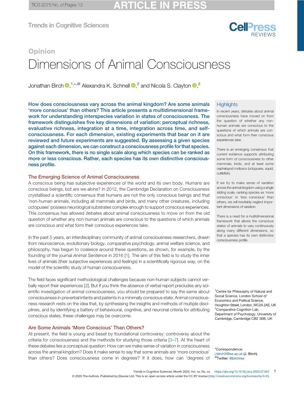 Dimensions of Animal Consciousness