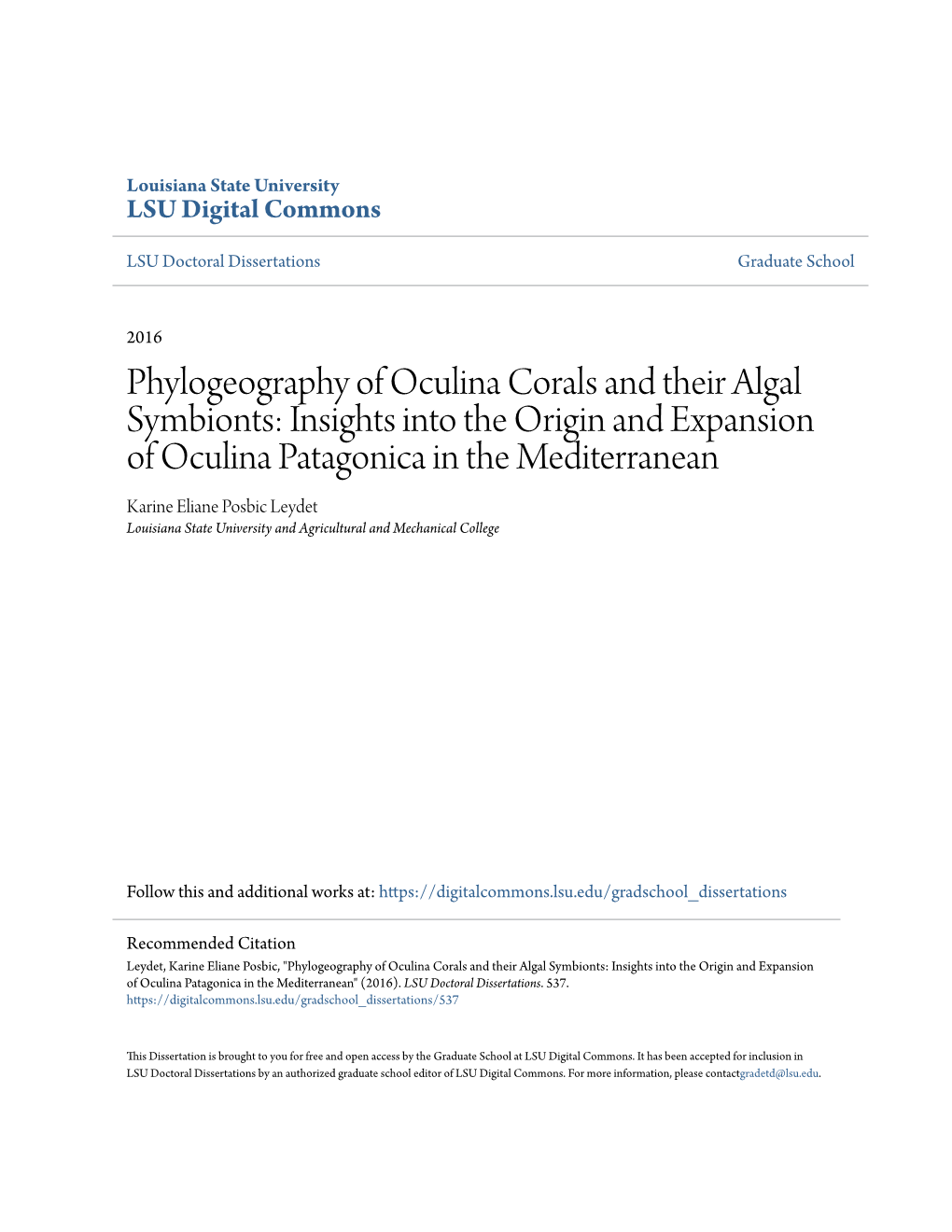 Phylogeography of Oculina Corals and Their