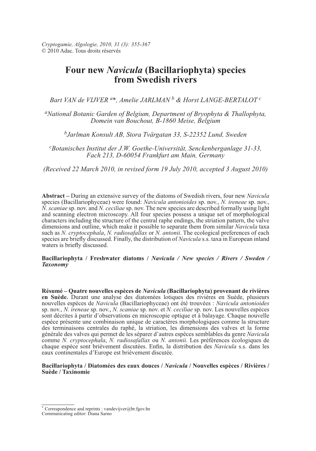 Four New Navicula (Bacillariophyta) Species from Swedish Rivers