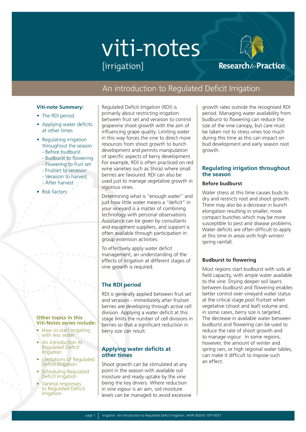 An Introduction to Regulated Deficit Irrigation