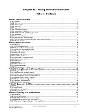 Chapter 25 – Zoning and Subdivision Code Table of Contents