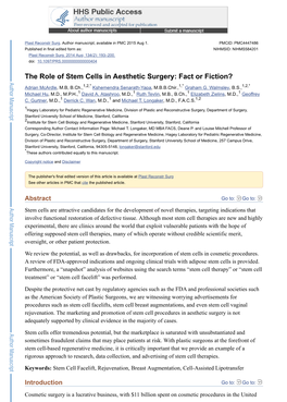 The Role of Stem Cells in Aesthetic Surgery: Fact Or Fiction?