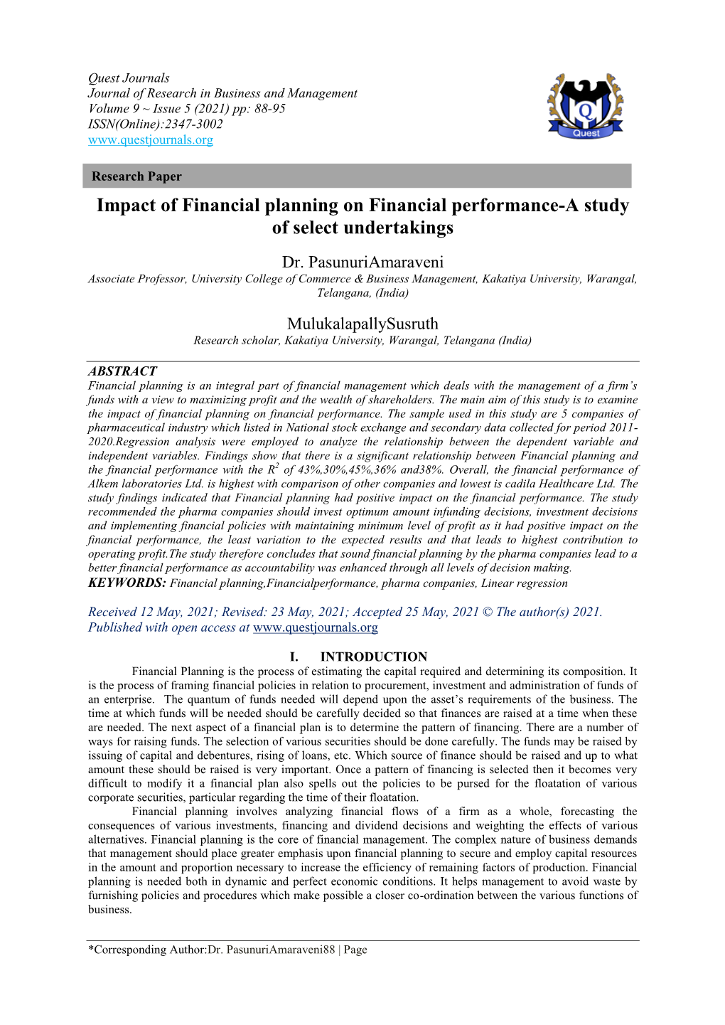 Impact of Financial Planning on Financial Performance-A Study of Select Undertakings