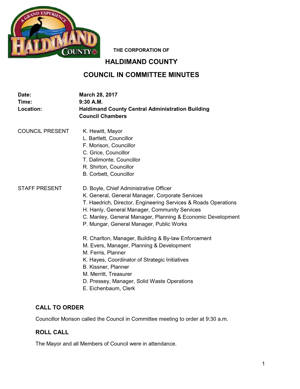 Haldimand County Council in Committee Minutes