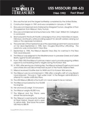 USS MISSOURI (BB-63) 1944-1992 Fact Sheet