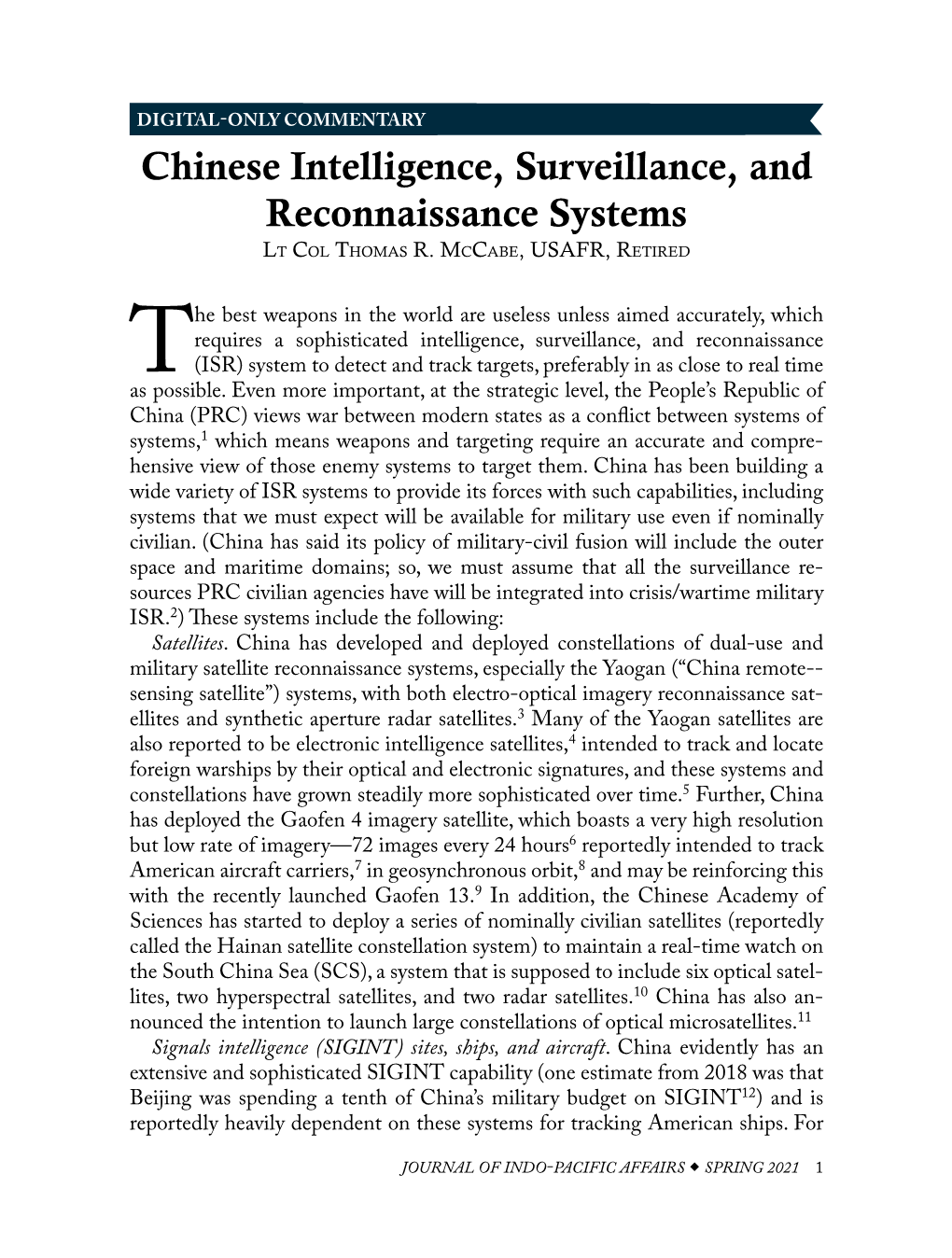 Chinese Intelligence, Surveillance, and Reconnaissance Systems Lt Col Thomas R