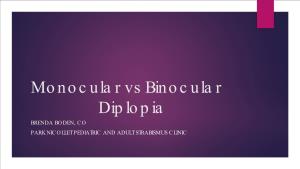 Monocular Vs Binocular Diplopia BRENDA BODEN, CO PARK NICOLLET PEDIATRIC and ADULT STRABISMUS CLINIC Monocular Diplopia