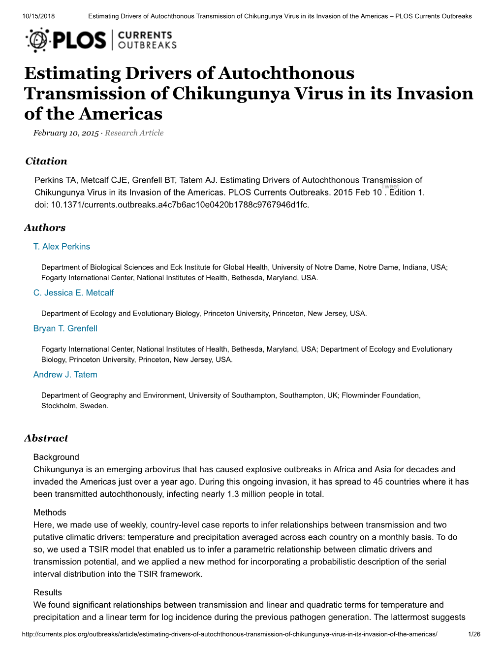 Estimating Drivers of Autochthonous Transmission of Chikungunya Virus in Its Invasion of the Americas – PLOS Currents Outbreaks