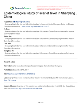 Epidemiological Study of Scarlet Fever in Shenyang , China