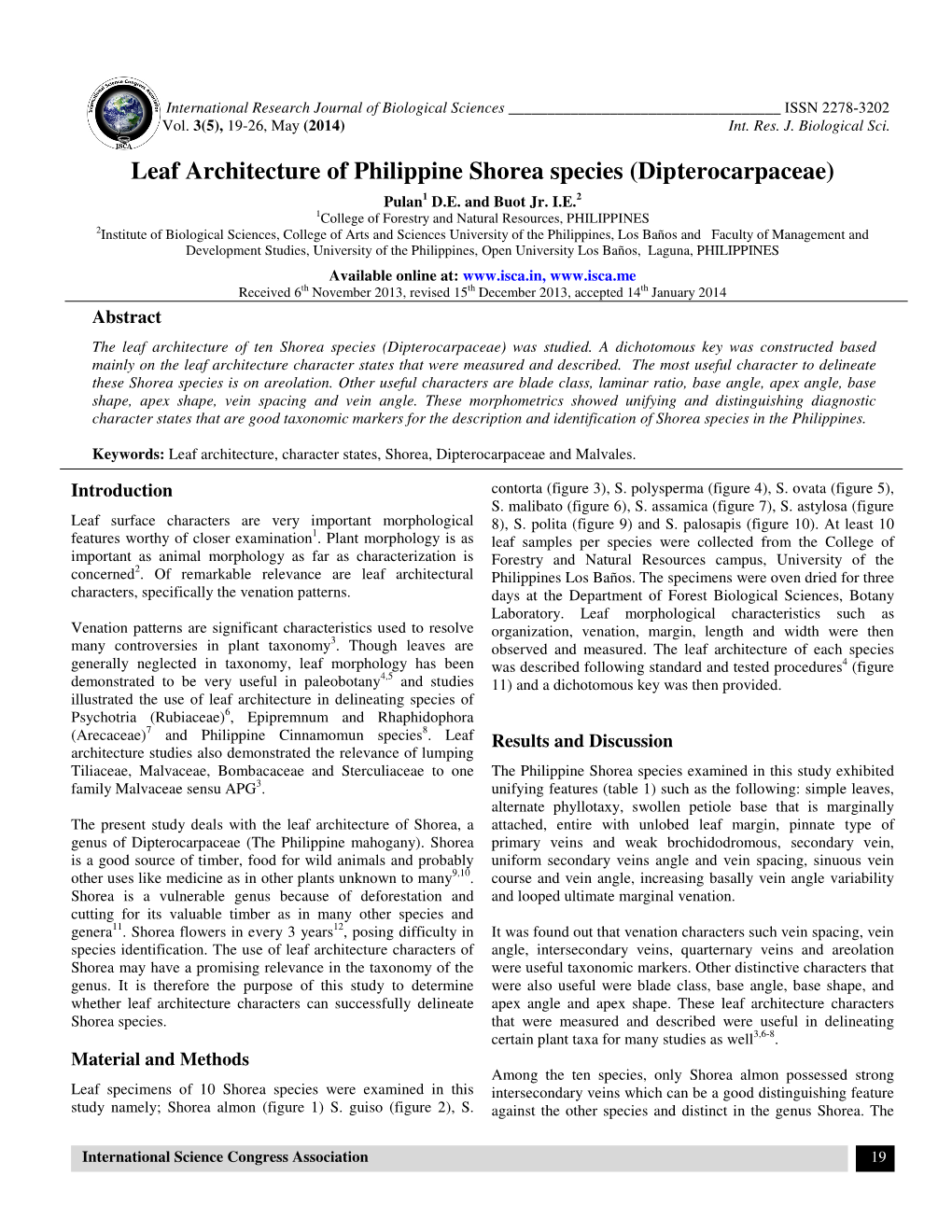 Leaf Architecture of Philippine Shorea Species (Dipterocarpaceae) Pulan 1 D.E