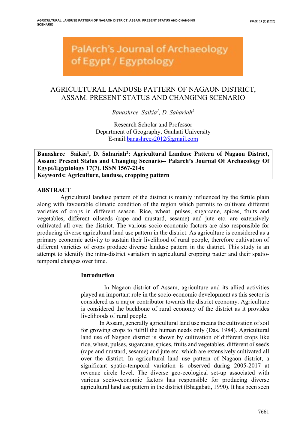 Agricultural Landuse Pattern of Nagaon District, Assam: Present Status and Changing Pjaee, 17 (7) (2020) Scenario